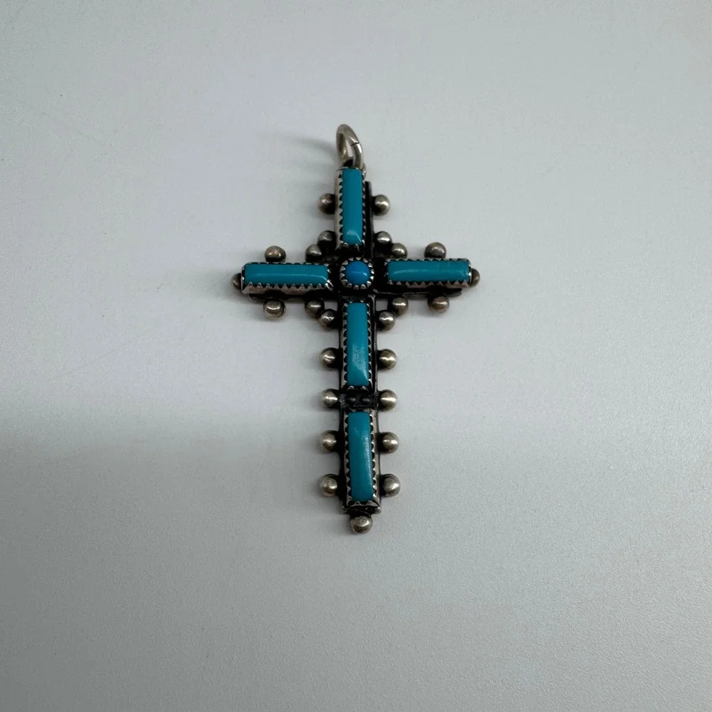 Vintage Navajo Sterling Silver Turquoise Cross Pendant - Signed Tom Bahe